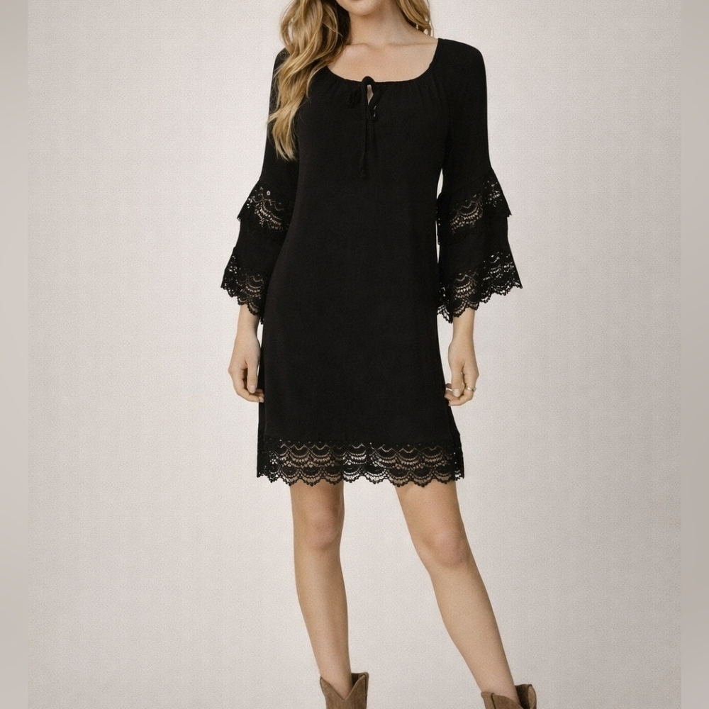 WRANGLER Black Lace Keyhole Tie Flare Sleeve Goth Peasant Dress